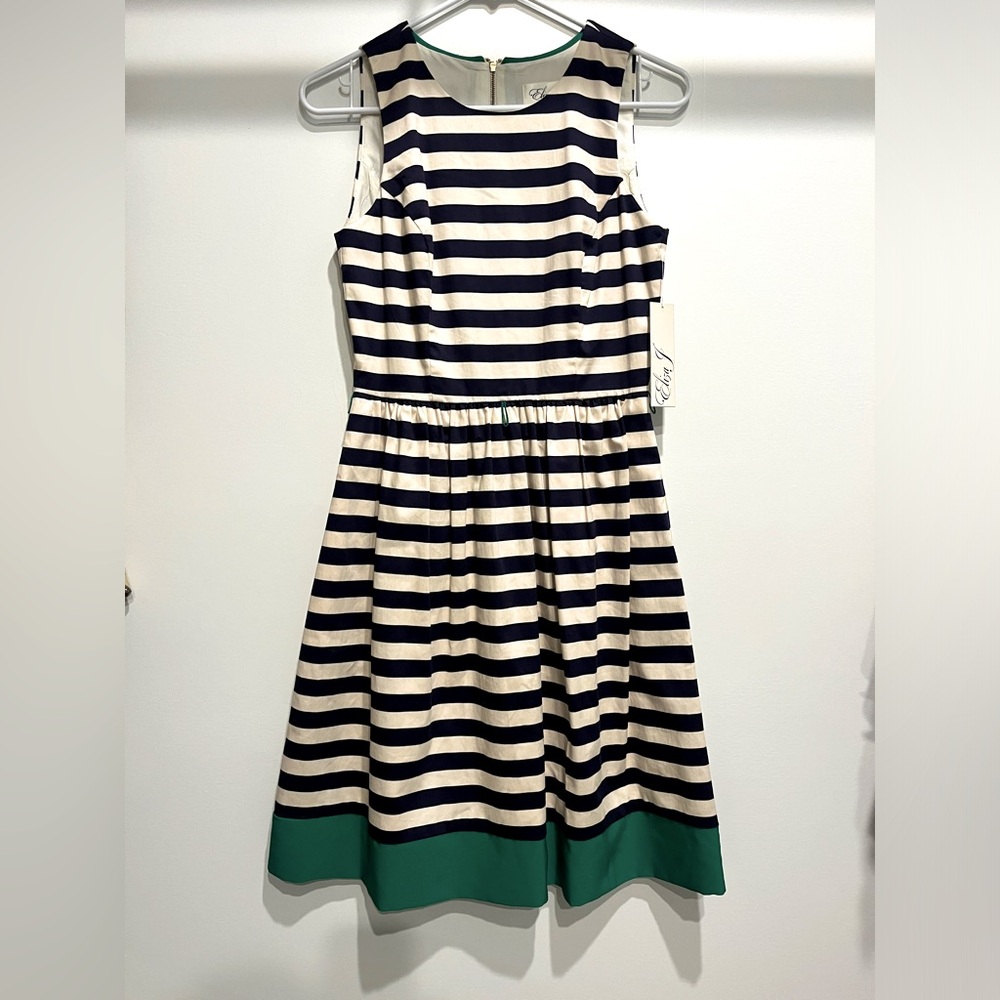 Eliza J Fit and Flare A-Line Navy Blue and White Stripe Dress with Green Hem